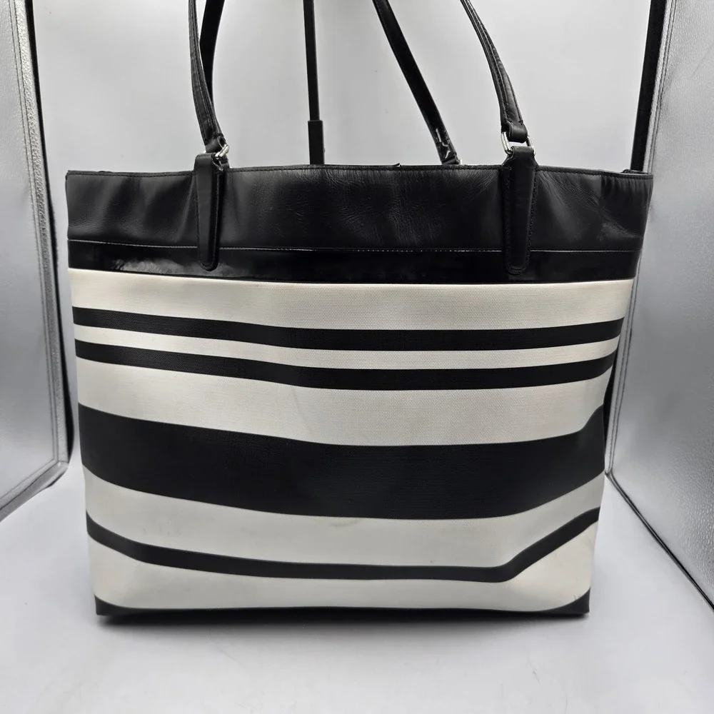 Coach Black & White Stripe Coated Canvas Shoulder Tote Large Bag 30511 Satin Int